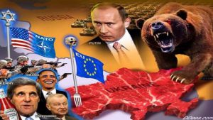 Propagandinis plakatas apie Ukrainos ir Rusijos santykius įskaitant ir Europos Sąjungos bei JAV poziciją