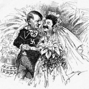 Hitlerio ir Stalino "vestuvės". 1939-ųjų metų karikatūra.
